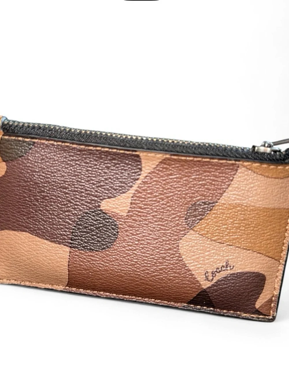 Coach C3210 Camo Zip Card Case Saddle Black Brown Camouflage Wallet Like New